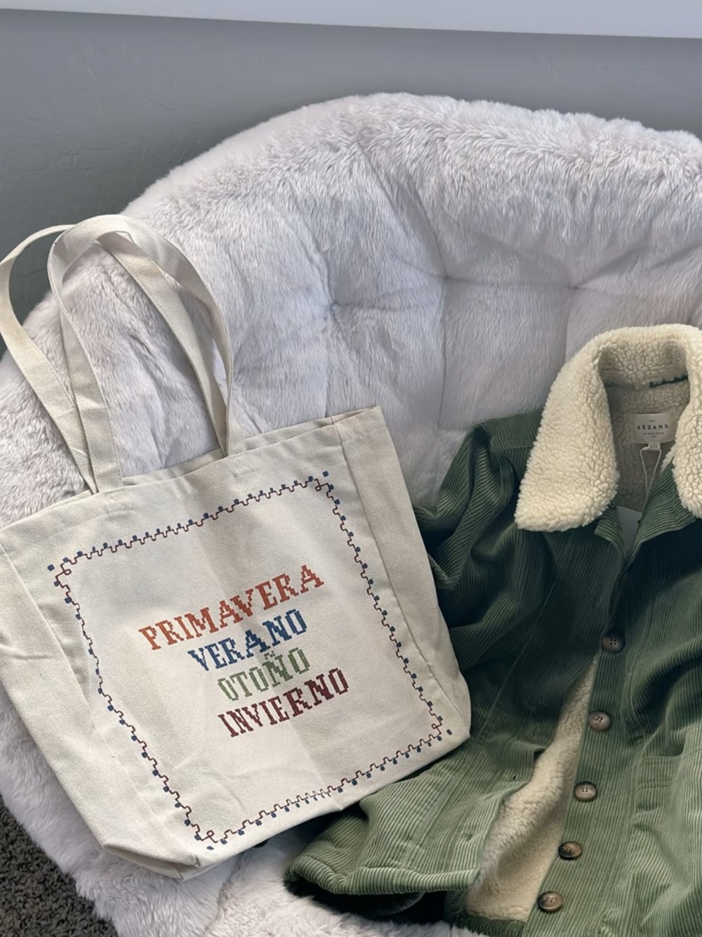 Sezane Cream Canvas Tote with Multicolor Seasonal Embroidery